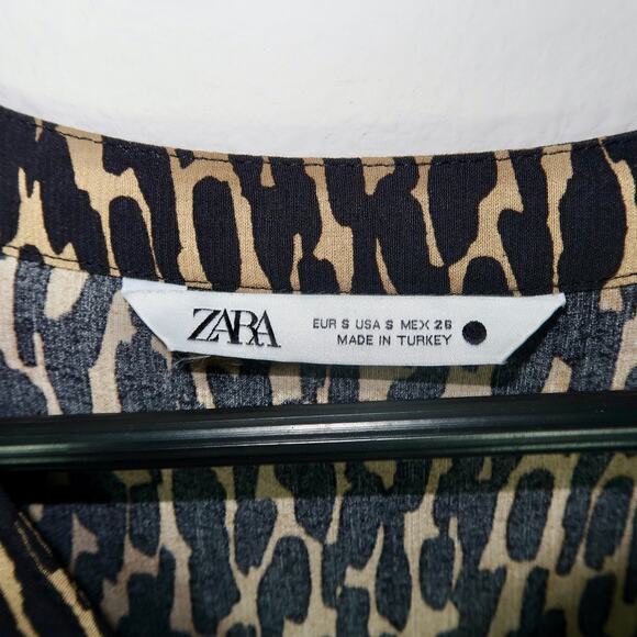 ZARA Black Tan Animal Print V Neck Flounce Hem Mini Shift Dress Small Tunic - Picture 4 of 7